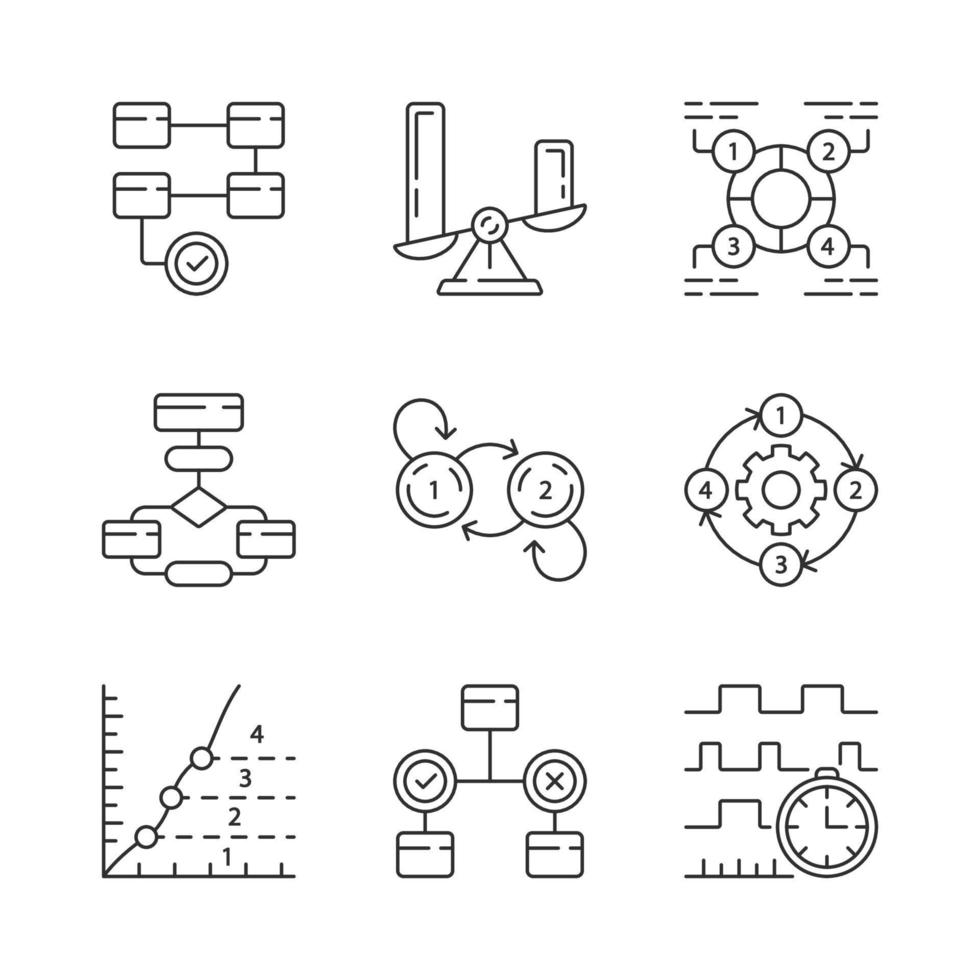 Diagram concepts linear icons set. Data and process flow visualization. Information symbolic representation. Thin line contour symbols. Isolated vector outline illustrations. Editable stroke
