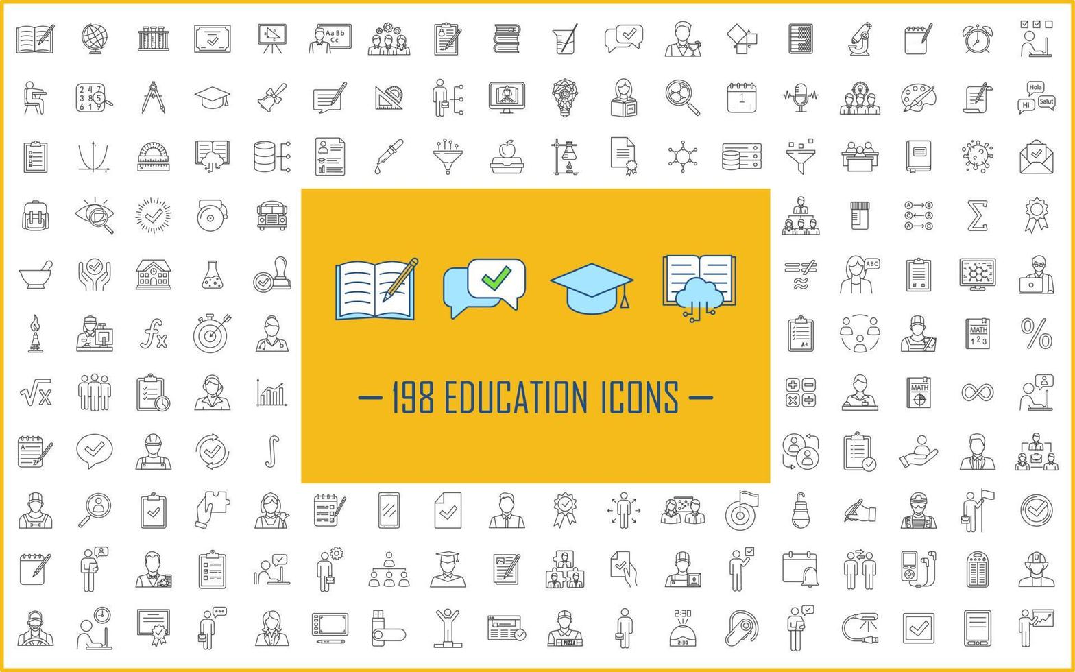 Education linear icons big set. Thin line contour symbols. Isolated vector outline illustrations. School, university, business education. E learning, online courses, classes. Editable stroke