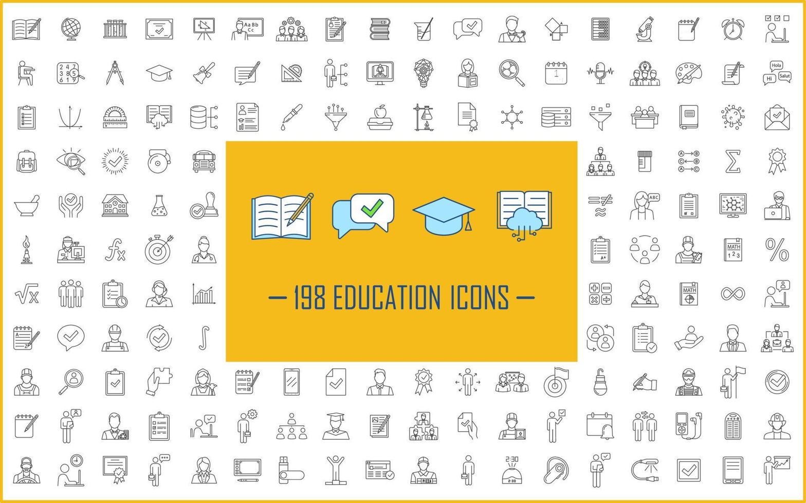 gran conjunto de iconos lineales de educación. símbolos de contorno de línea delgada. ilustraciones aisladas de contorno vectorial. escuela, universidad, educación empresarial. e learning, cursos en línea, clases. trazo editable vector