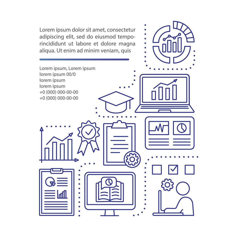 plantilla de vector de página de artículo de curso de estadísticas. herramientas de métricas, clases de análisis de datos. elemento de diseño de folleto con iconos lineales y cuadros de texto. diseño de impresión. ilustraciones conceptuales con espacio de texto ..