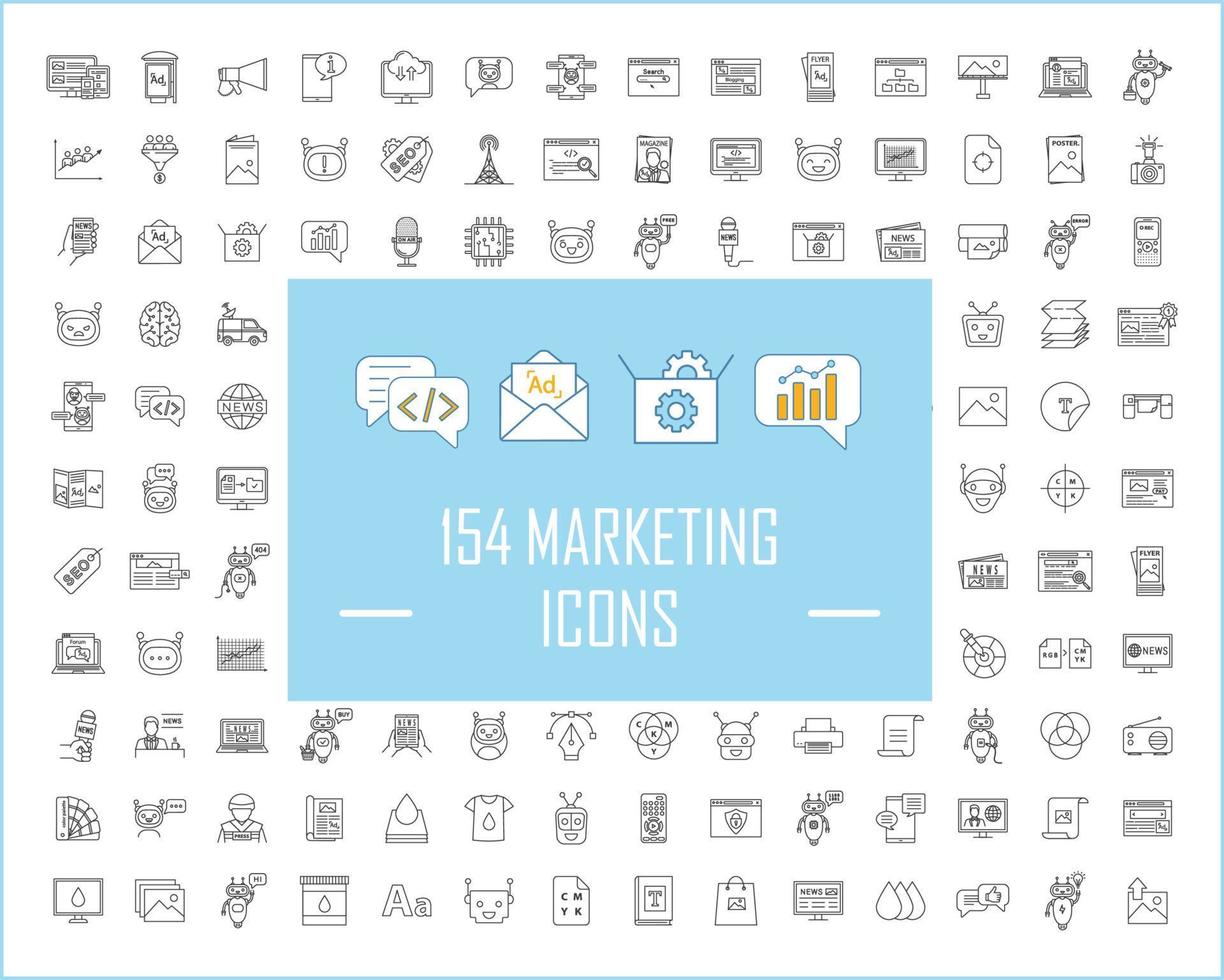 Marketing linear icons big set. Thin line contour symbols. Marketing strategy, sales productivity. Business management, financial growth. Isolated vector outline illustrations. Editable stroke