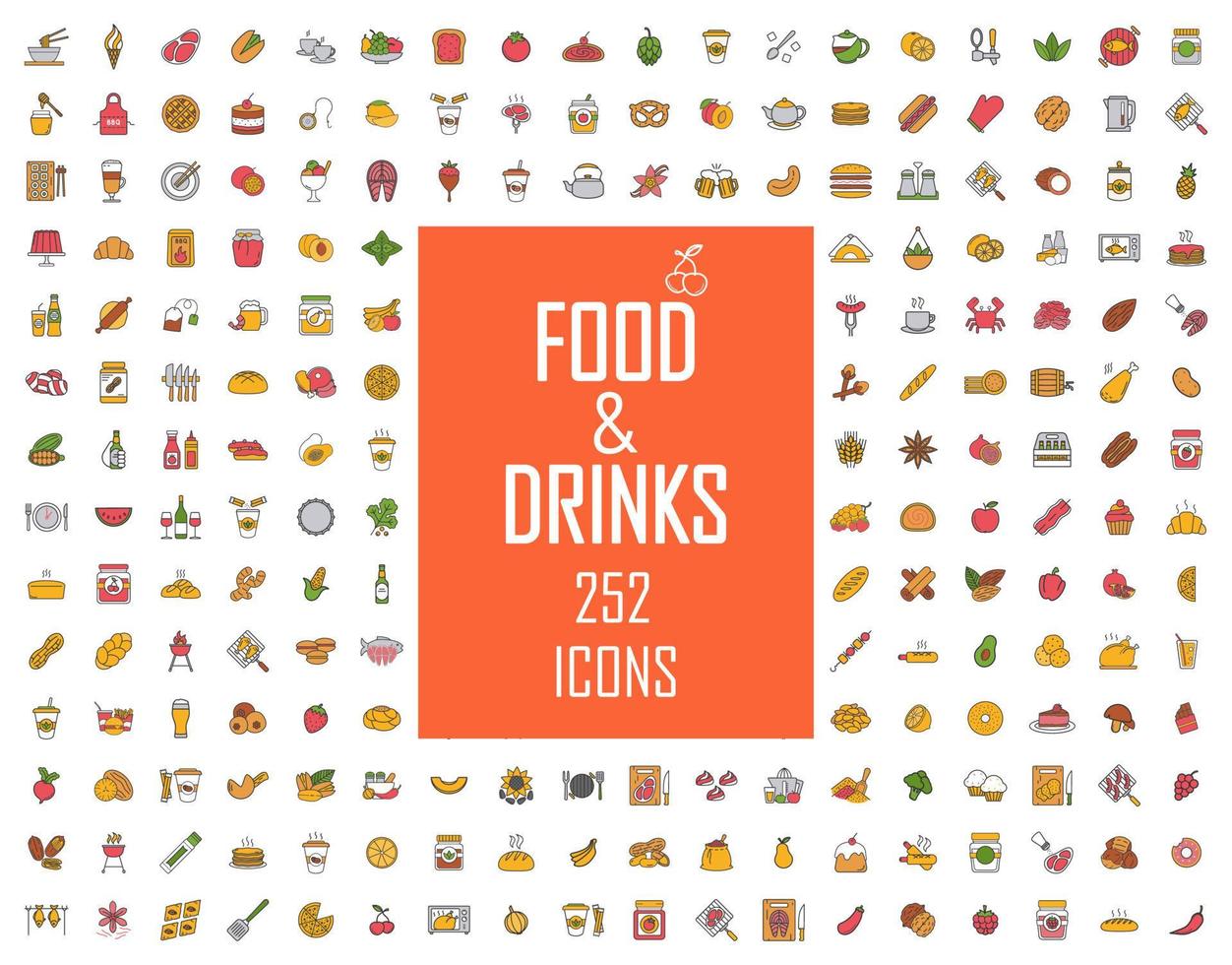 Food and drinks color icons big set. Breakfast, dinner, lunch. Restaurant menu and BBQ. Meat, fish, vegetables, fruits, cookies, desserts. Alcohol drinks and cocktails. Isolated vector illustrations