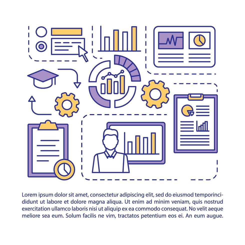 Statistics course article page vector template.Metrics, data analytics lesson. Brochure, magazine, booklet design element with linear icons and text boxes. Print design