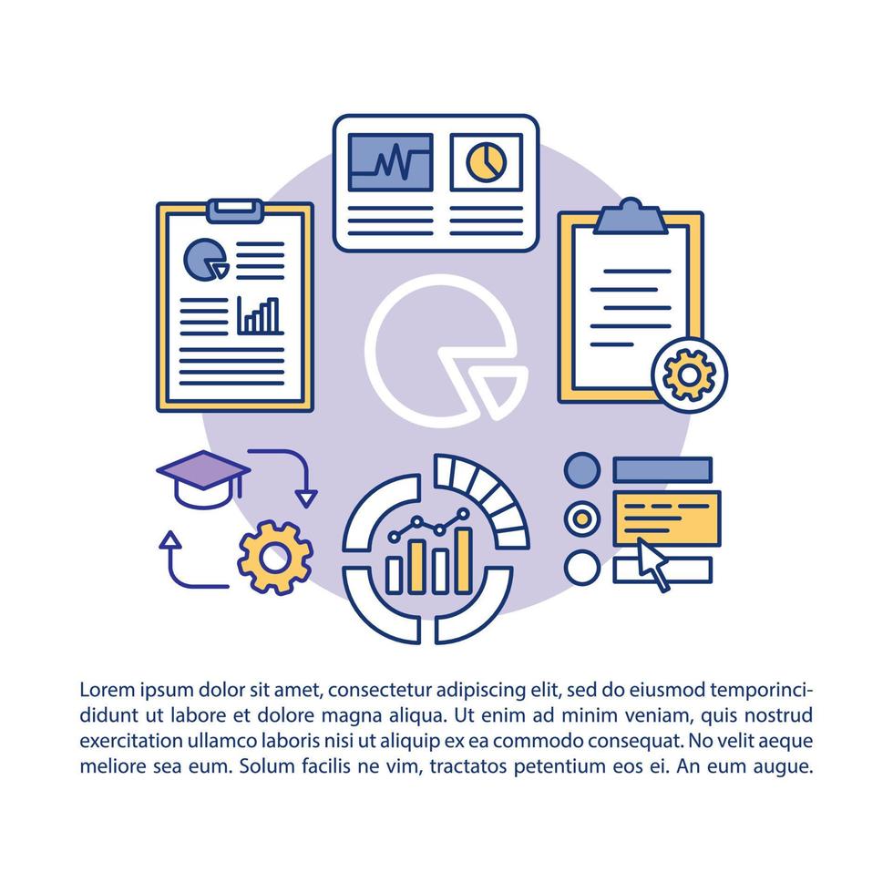 plantilla de vector de página de artículo de investigación estadística. análisis y visualización de datos. elemento de diseño de folleto con iconos lineales y cuadros de texto. diseño de impresión. ilustraciones conceptuales con espacio de texto ..