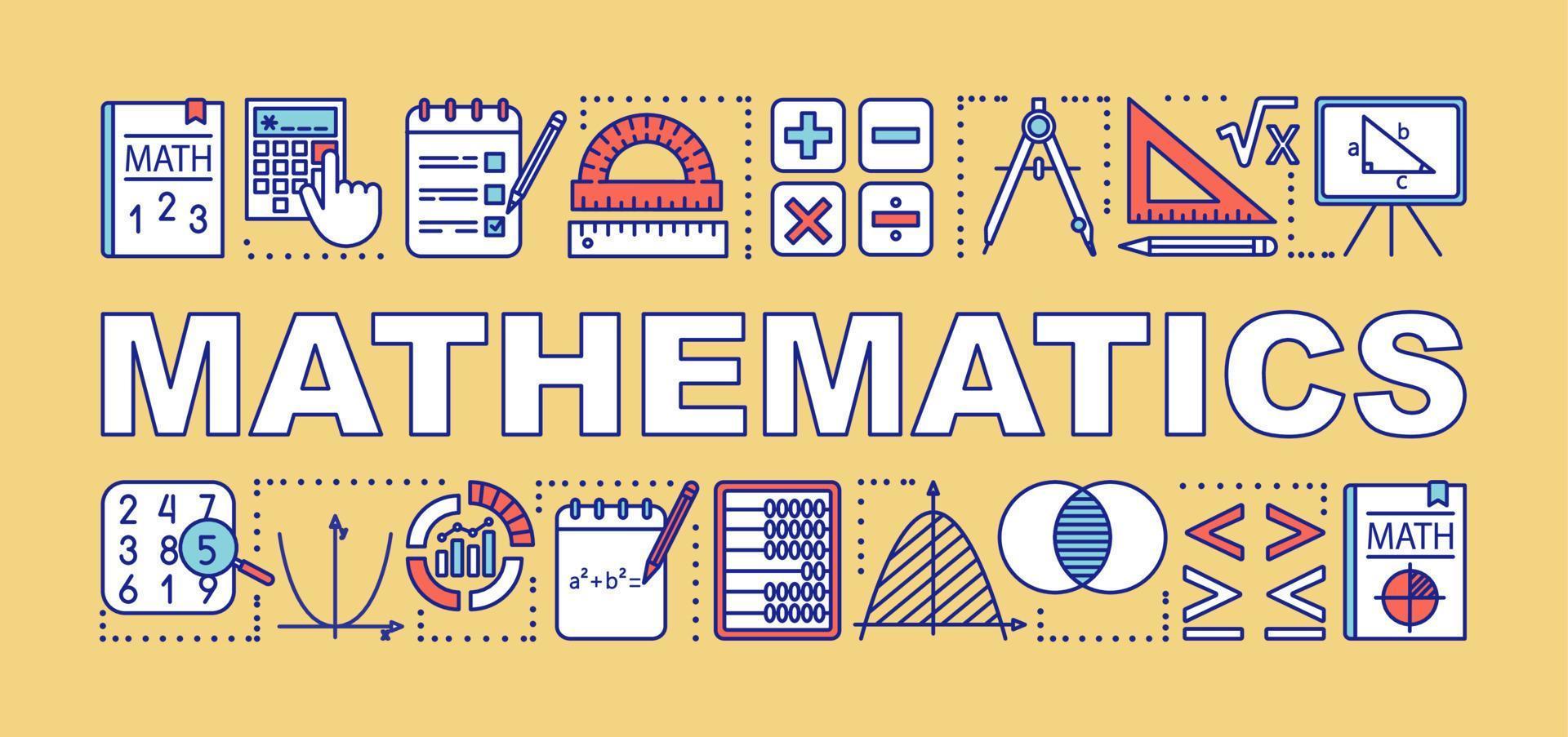 banner de conceptos de palabras matemáticas. presentación, sitio web. idea de tipografía de letras aisladas con iconos lineales. álgebra, geometría, estadística, matemáticas básicas. ilustración de contorno vectorial vector