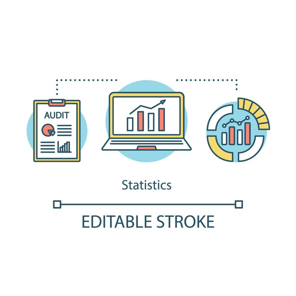 Statistics studies concept icon. Data visualization, infographics. Metrics, analytics. Information, rising graphs idea thin line illustration. Vector isolated outline drawing. Editable stroke