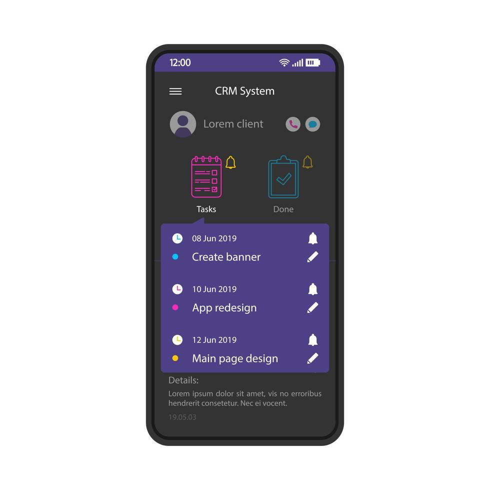 CRM system smartphone interface vector template. Mobile client manager app page black design layout. Customer management software screen. Flat UI for application. Business organizer. Phone display