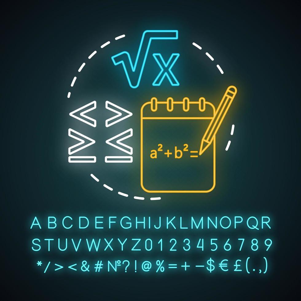 Algebra neon light concept icon. Advanced calculations, learning algebra idea. Algebraic equations, more and less sign. Glowing sign with alphabet, numbers and symbols. Vector isolated illustration