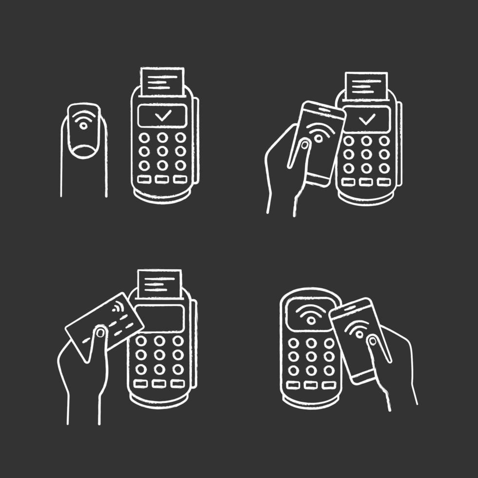 NFC payment chalk icons set. Pay with smartphone, credit card, POS terminal, NFC manicure. Isolated vector chalkboard illustrations