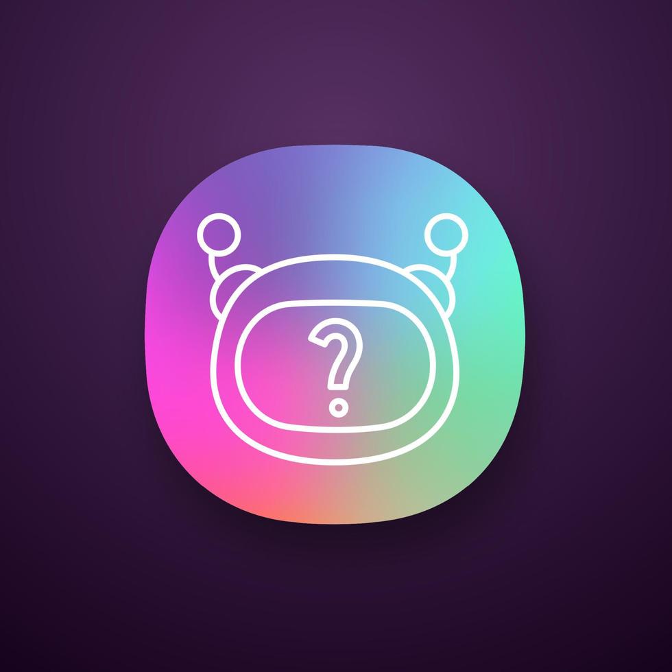 Help chatbot app icon. FAQ chat bot. Virtual assistant. Robot face with question mark. Artificial intelligence. UI UX user interface. Web or mobile application. Vector isolated illustration