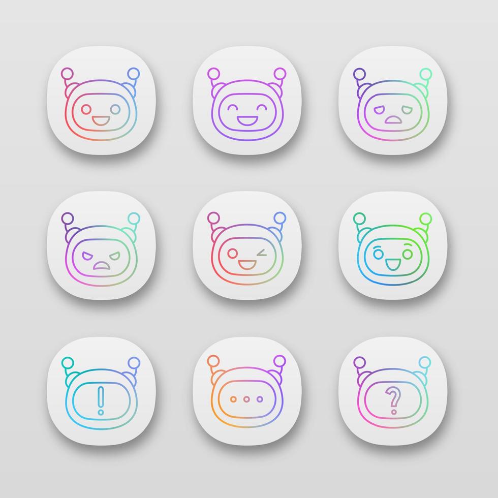 Robot emojis app icons set. UI UX user interface. Chatbot emoticons. Chat bot smileys. Artificial intelligence. Virtual assistant. Web or mobile applications. Vector isolated illustrations