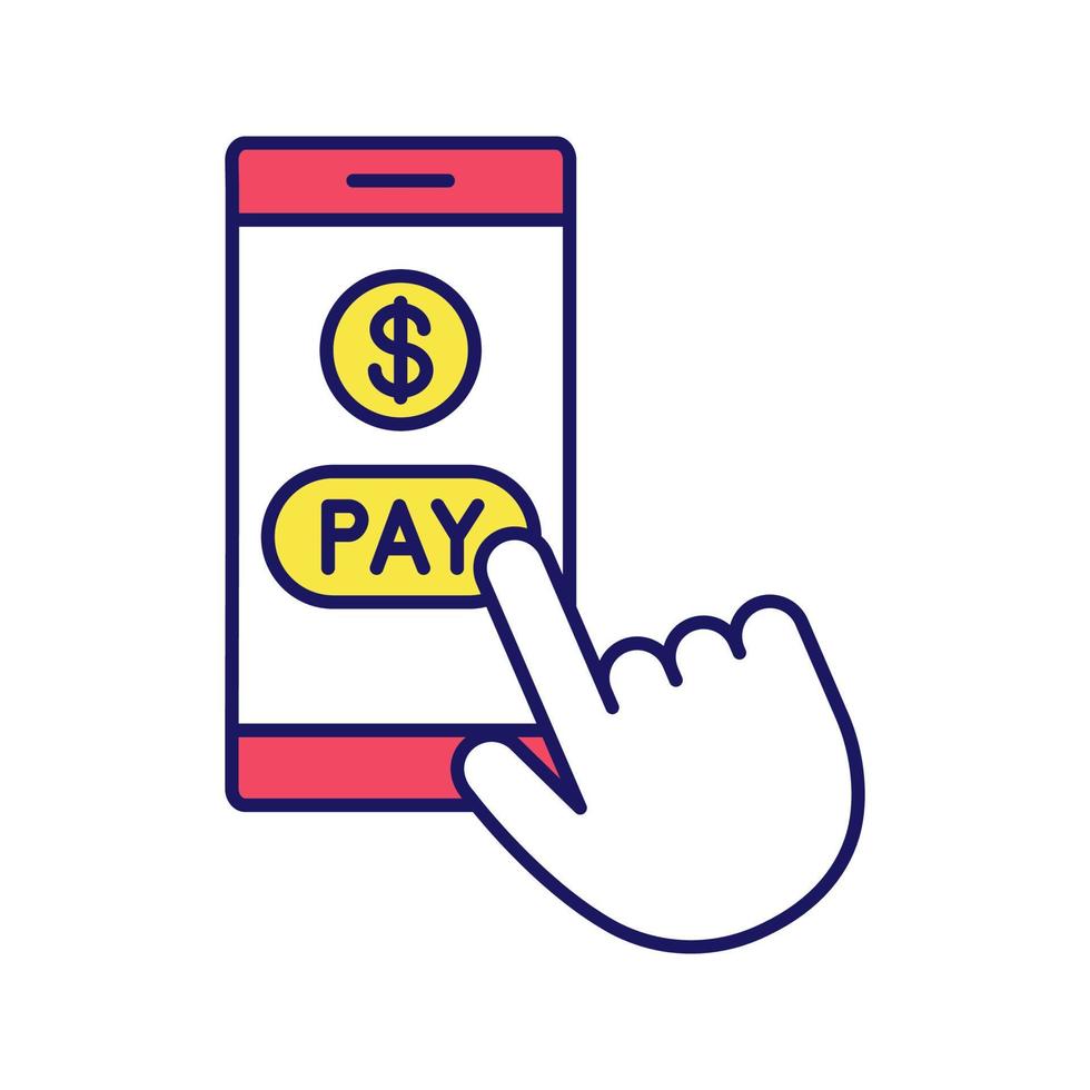 Online payment color icon. E-payment. Digital purchase. Cashless payments smartphone app. Hand pressing pay button. Isolated vector illustration