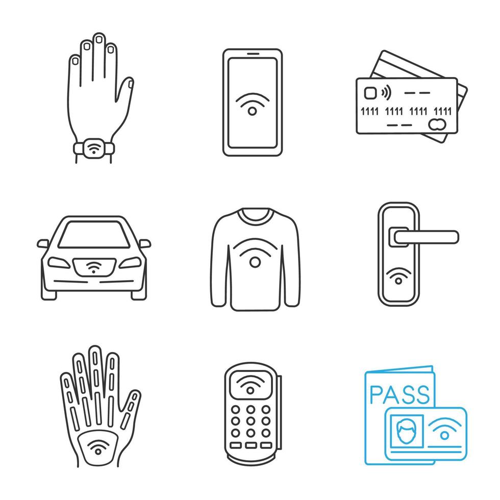 NFC technology linear icons set. Near field bracelet, smartphone, credit card, car, clothes, door lock, hand implant, POS terminal identification system. Isolated vector illustrations. Editable stroke