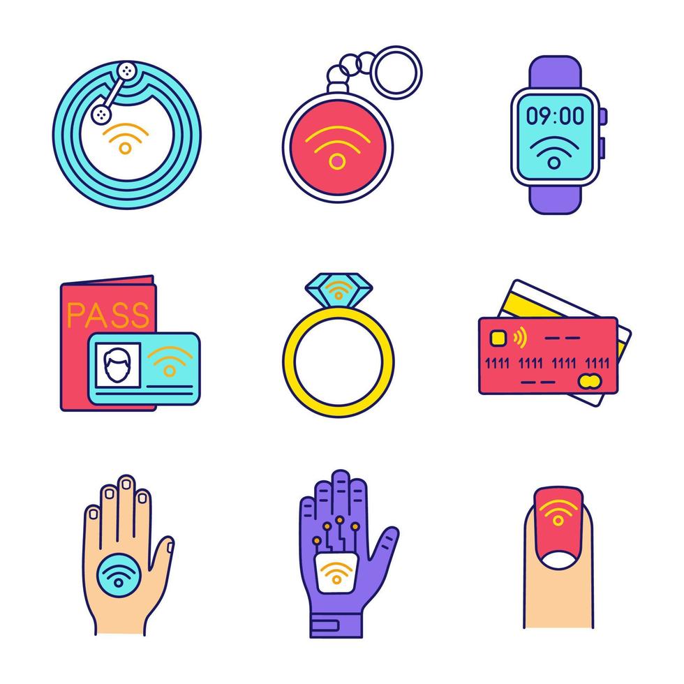 NFC technology color icons set. Near field bracelet, smartphone, hand implant, car, clothes, door lock, POS terminal, credit card. Isolated vector illustrations