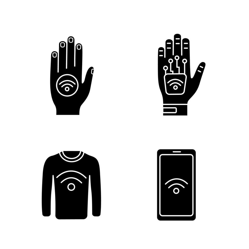 NFC technology glyph icons set. Near field hand sticker, implant, clothes, smartphone. Silhouette symbols. Vector isolated illustration