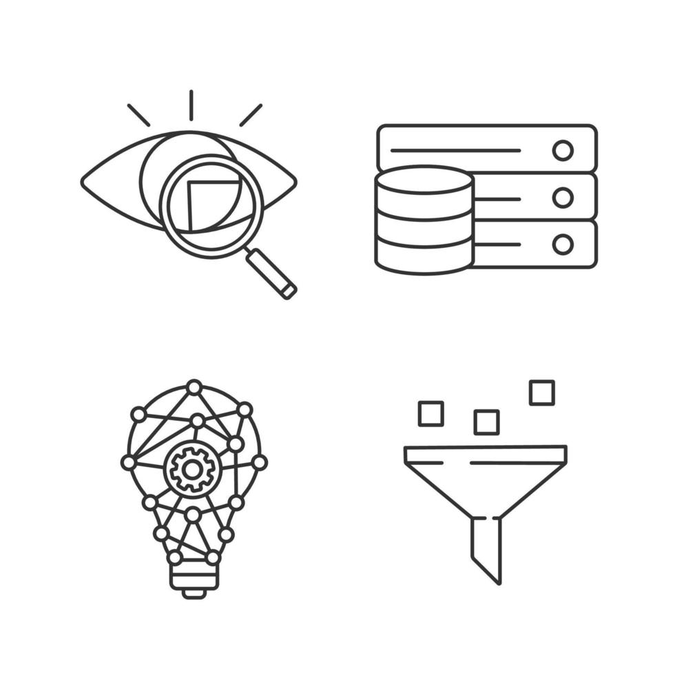 Machine learning linear icons set. Retina scan, database, innovation process, data filtering. Thin line contour symbols. Isolated vector outline illustrations. Editable stroke