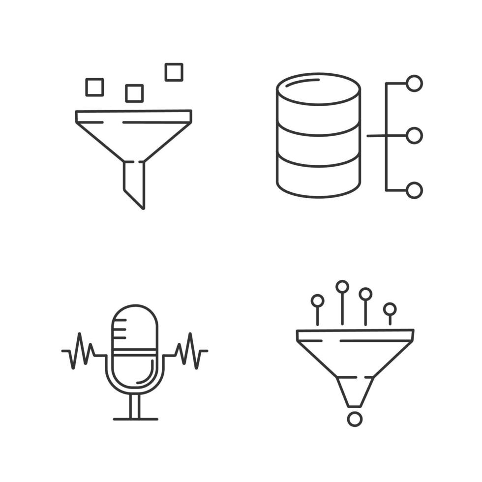 conjunto de iconos lineales de aprendizaje automático. filtrado de datos, base de datos relacional, reconocimiento de voz, estadísticas. símbolos de contorno de línea delgada. ilustraciones aisladas de contorno vectorial. trazo editable vector