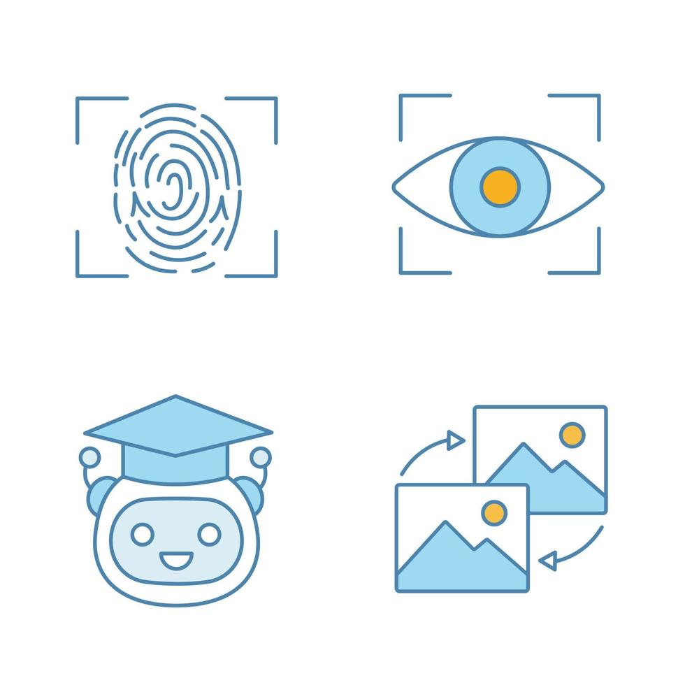 Machine learning color icons set. Fingerprint scanning, iris recognition, teacher bot, data transforming. Isolated vector illustrations