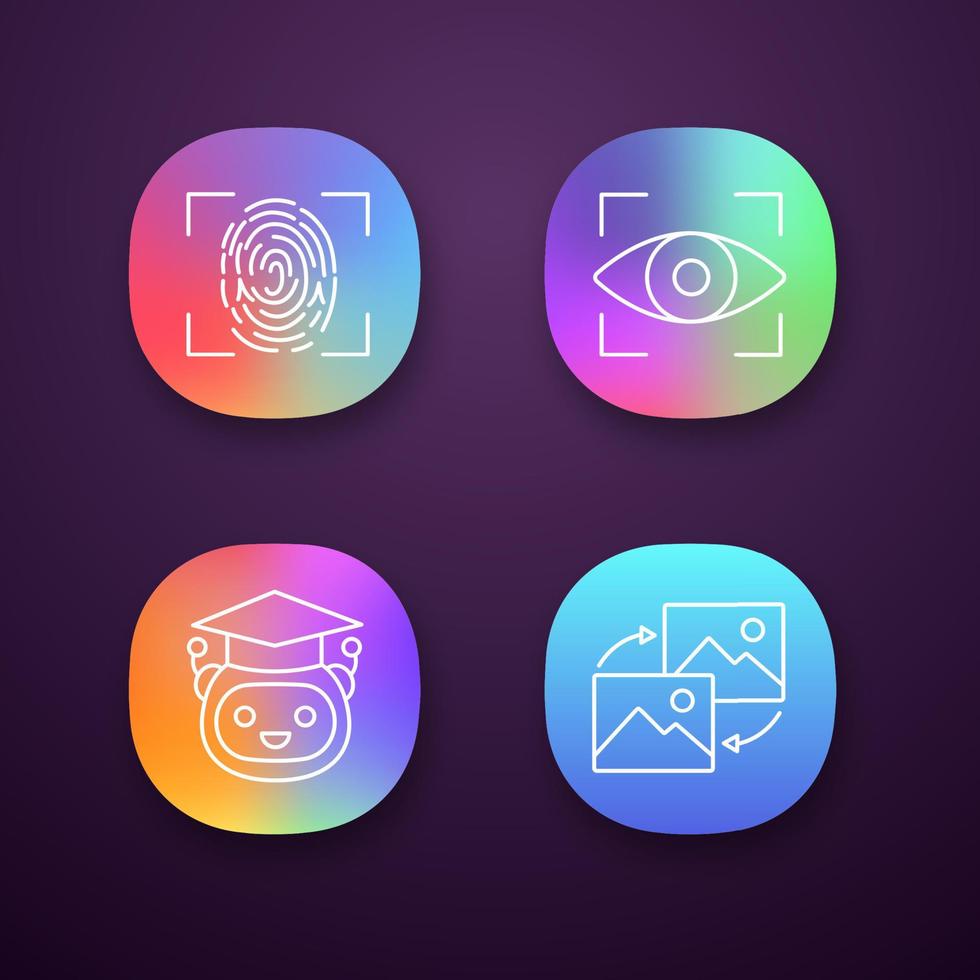 Machine learning app icons set. Fingerprint scanning, iris recognition, teacher bot, data transforming. UI UX user interface. Web or mobile applications. Vector isolated illustrations