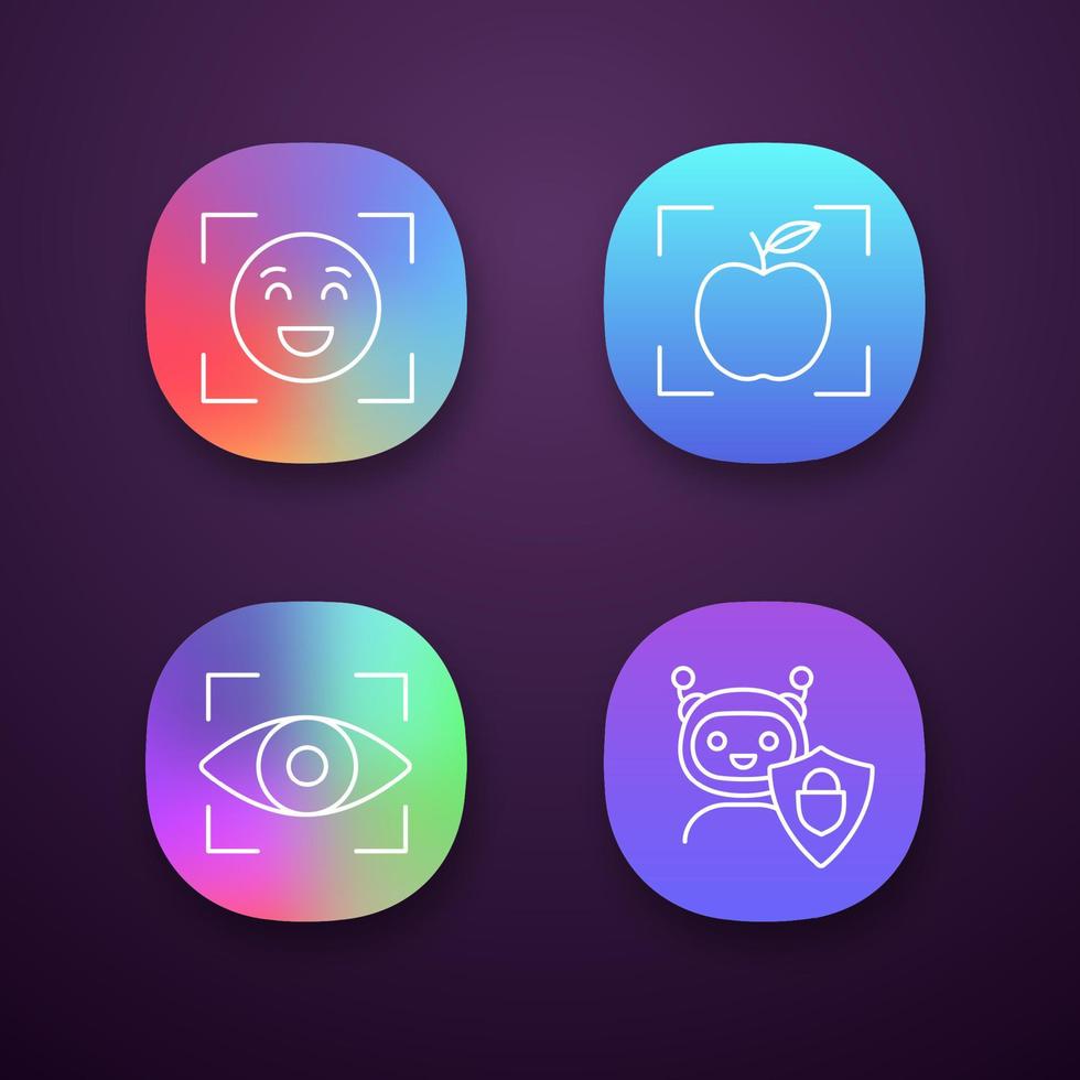 conjunto de iconos de aplicaciones de aprendizaje automático. reconocimiento facial, detección de objetos, escaneo de retina, chatbot seguro. interfaz de usuario ui ux. aplicaciones web o móviles. Ilustraciones de vectores aislados