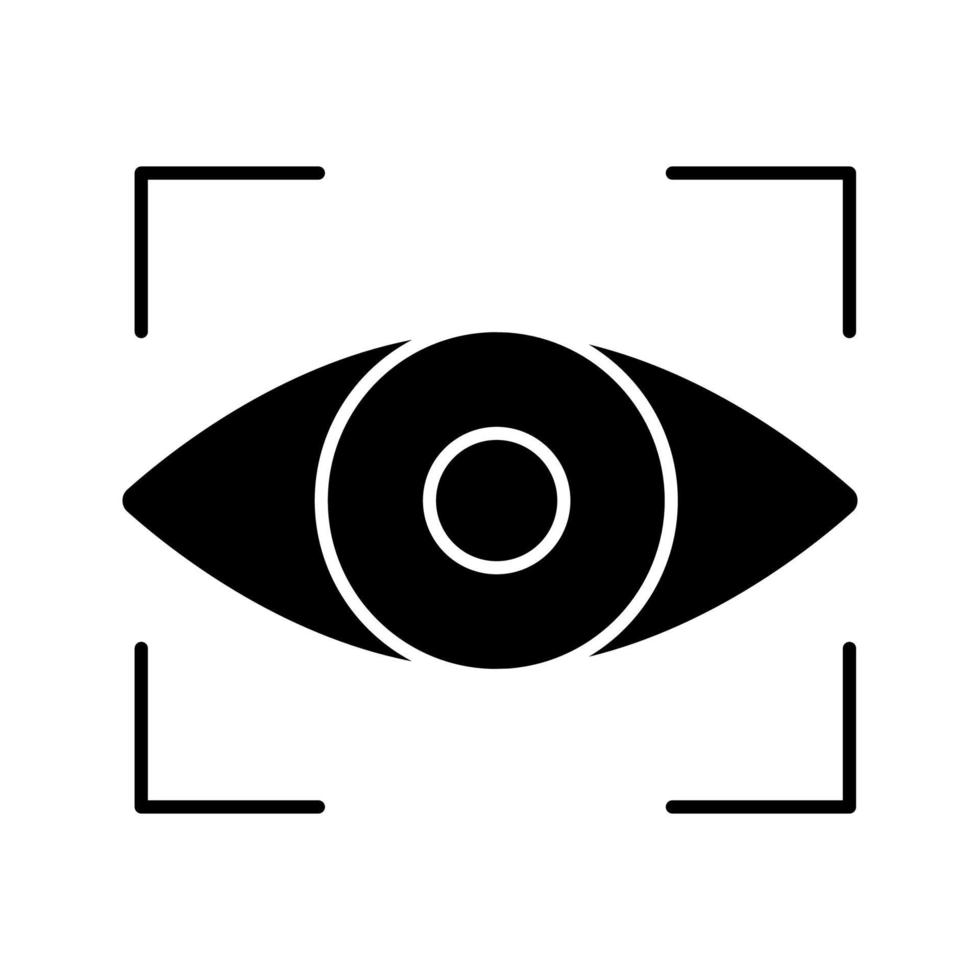 Retina scan glyph icon. Iris recognition. Eye scanning. Silhouette symbol. Biometric identification. Optical recognition. Negative space. Vector isolated illustration