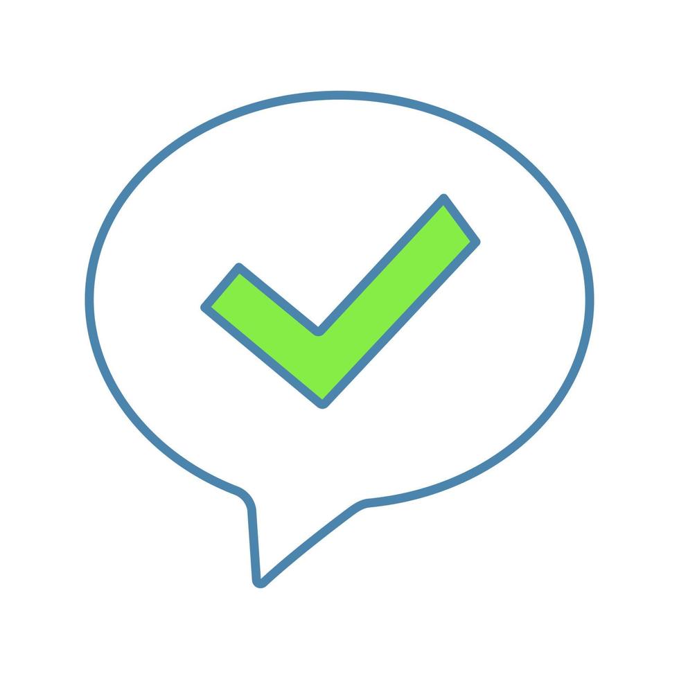 Approved chat color icon. SMS verification. Confirmation dialog. Message approval. Successful dialogue. Speech bubble with check mark. Isolated vector illustration