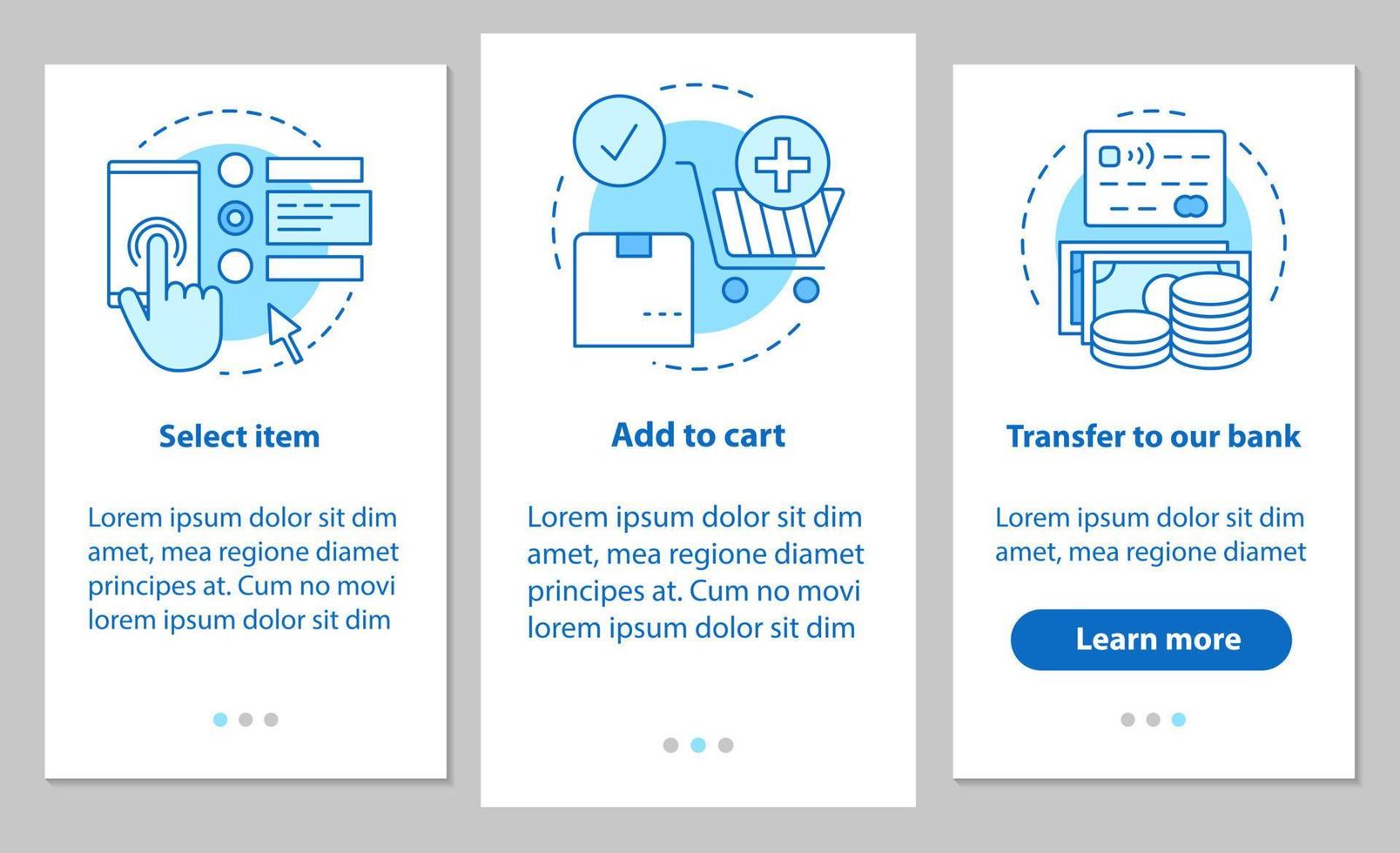 pantalla de página de la aplicación móvil de incorporación de compras en línea con conceptos lineales. instrucciones de pasos de compra digital. seleccione artículos, agregue al carrito, realice el pago. ux, ui, plantilla vectorial gui con ilustraciones vector