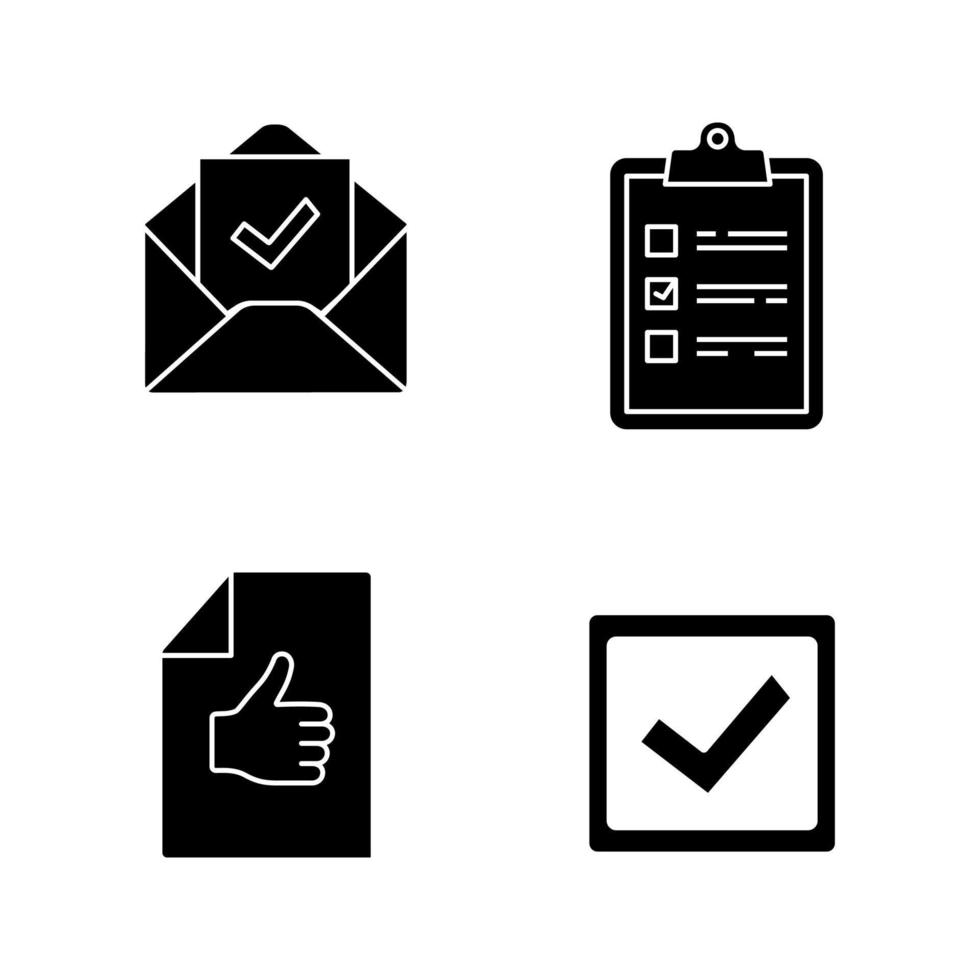 Approve glyph icons set. Verification and validation. Task planning, email confirmation, checkbox, approval document. Silhouette symbols. Vector isolated illustration