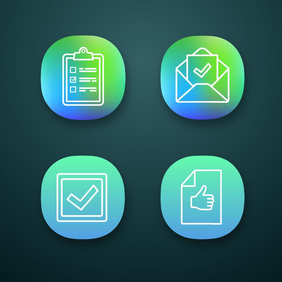 Approve app icons set. Verification and validation. Task planning, email confirmation, checkbox, approval document. UI UX user interface. Web or mobile applications. Vector isolated illustrations