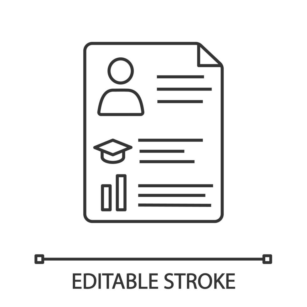 Resume linear icon. CV. Thin line illustration. Curriculum vitae. Personal information. Contour symbol. Vector isolated outline drawing. Editable stroke