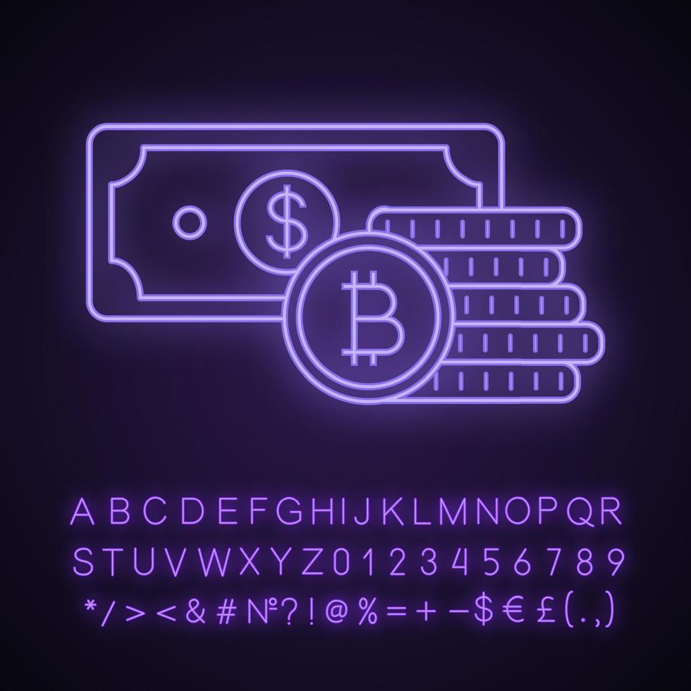 Bitcoin coins stack and dollar banknote neon light icon. Cryptocurrency investment. Savings. Digital money deposit. Glowing sign with alphabet, numbers and symbols. Vector isolated illustration