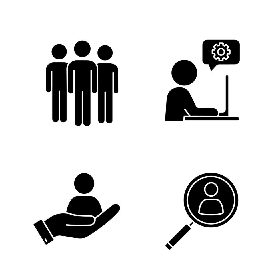 conjunto de iconos de glifo de gestión empresarial. equipo, soporte técnico, búsqueda de personal, gestión de recursos humanos. símbolos de silueta. ilustración vectorial aislada vector