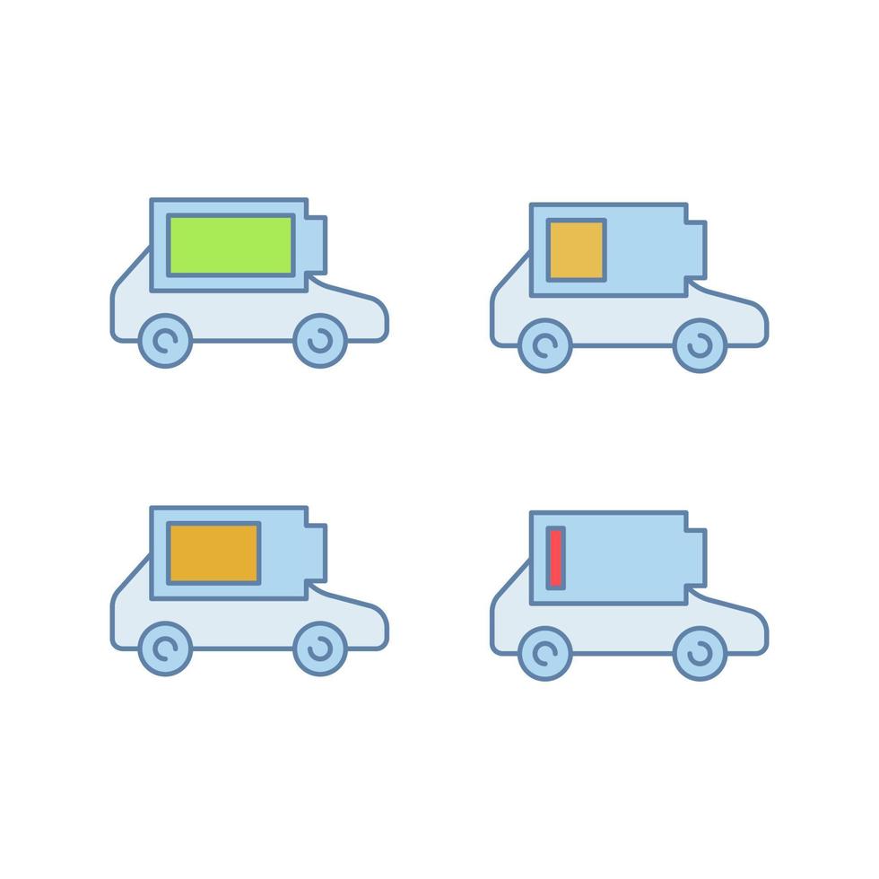 Electric car battery charging color icons set. Automobile battery level indicator. High, middle and low charge. Eco friendly auto. Isolated vector illustrations