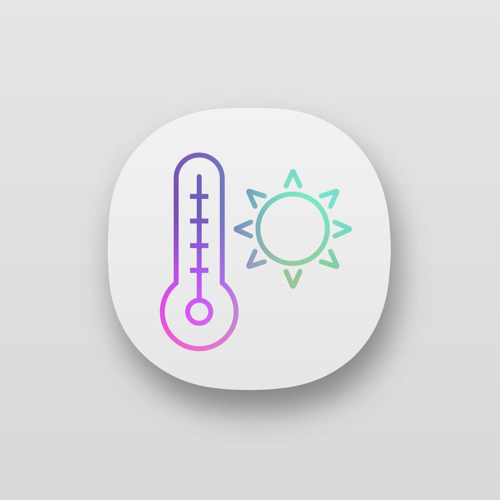 Summer temperature app icon. High temperature. Heater. Thermometer with sun. Warm, hot air. UI UX user interface. Web or mobile application. Vector isolated illustration