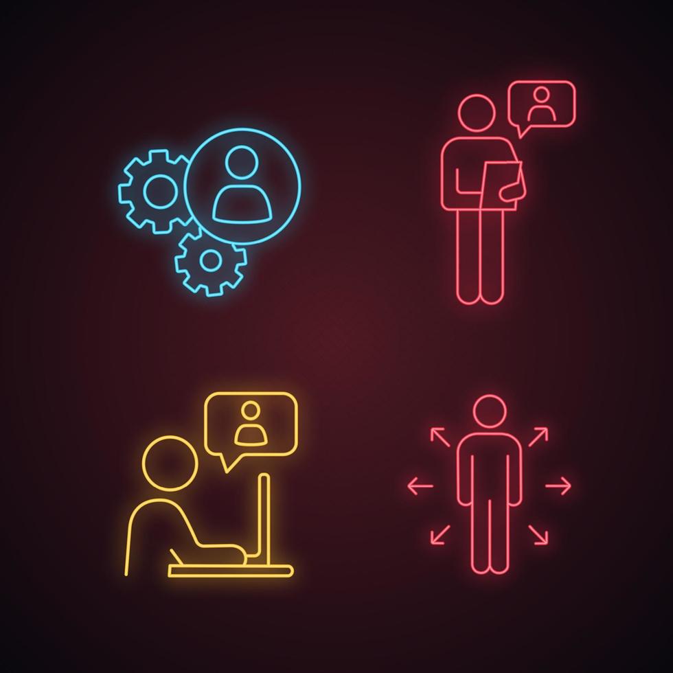 Business management neon light icons set. Teamwork, online job interview, chatting, decision management. Glowing signs. Vector isolated illustrations