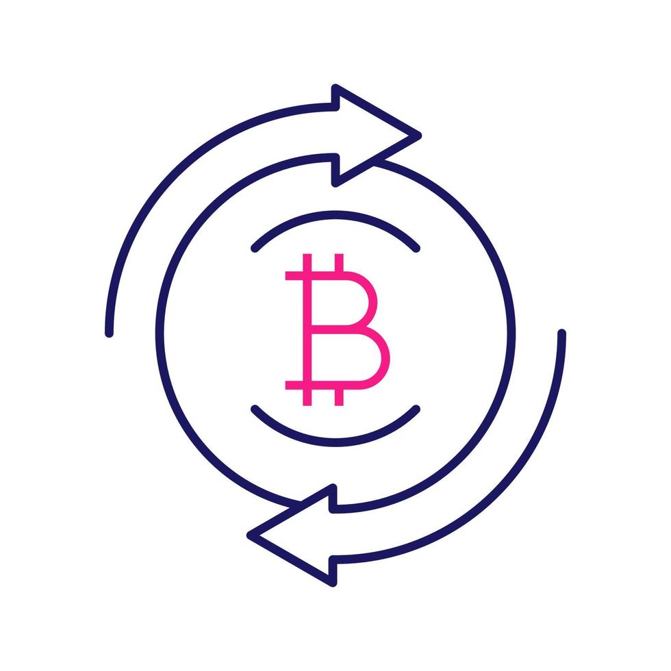 Bitcoin exchange color icon. Digital currency transaction. Circle arrows with bitcoin coin inside. Refund cryptocurrency. Isolated vector illustration