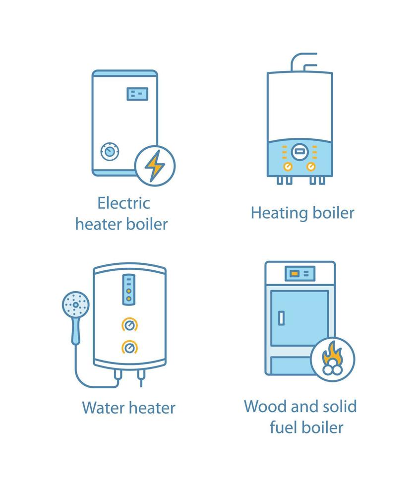 Heating color icons set. Electric boiler, gas and electric tankless water heater, solid fuel boiler. Isolated vector illustrations