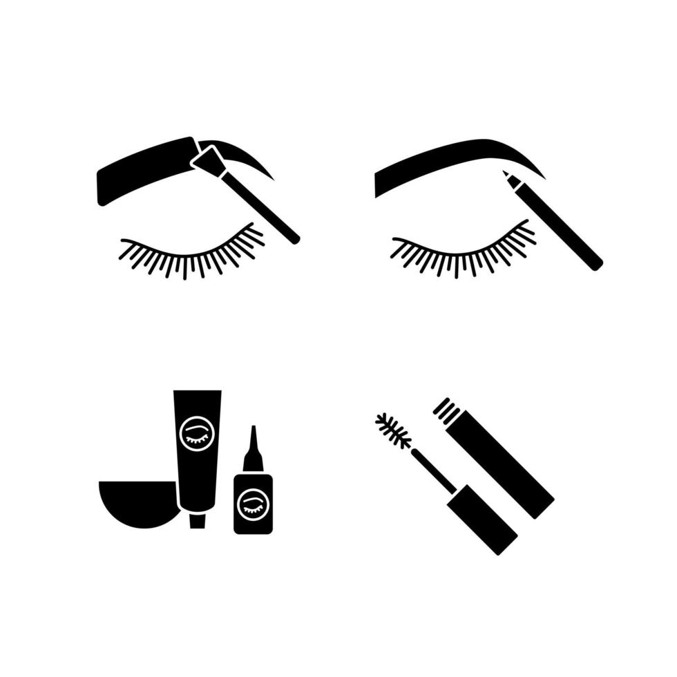 Eyebrows shaping glyph icons set. Brows tinting and contouring with pencil, eyebrows and eyelash dye kit, mascara. Silhouette symbols. Vector isolated illustration