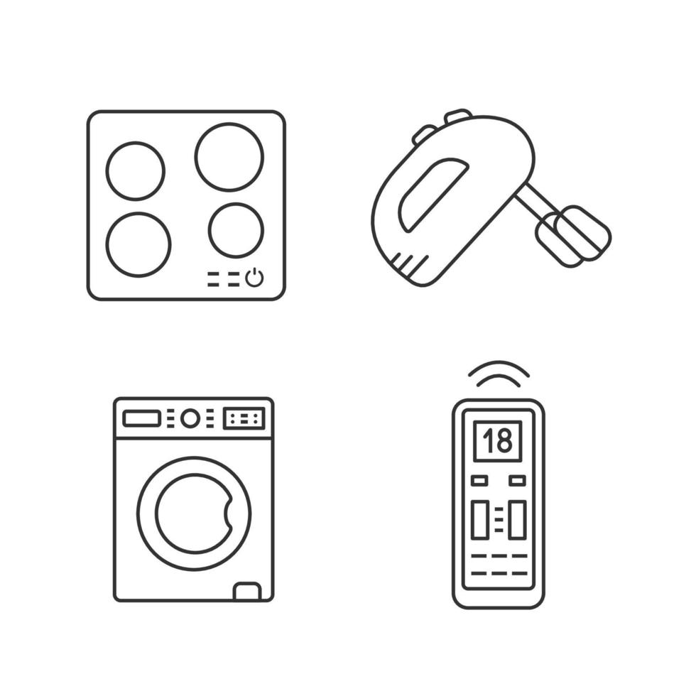 Household appliance linear icons set. Electric induction hob, handheld mixer, washing machine, air conditioner remote control. Thin line symbols. Isolated vector outline illustrations. Editable stroke