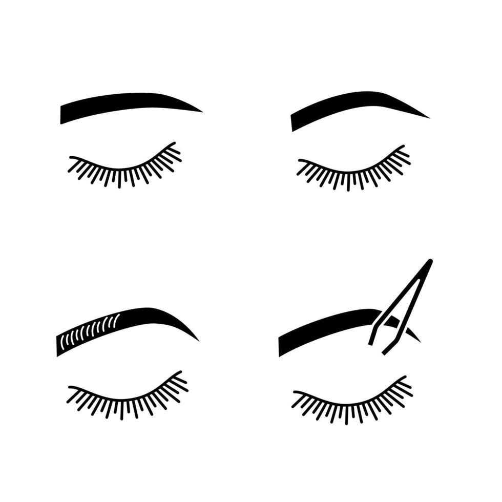 Eyebrows shaping glyph icons set. Straight and soft arched eyebrows shape, brows microblading, tweezing. Silhouette symbols. Vector isolated illustration