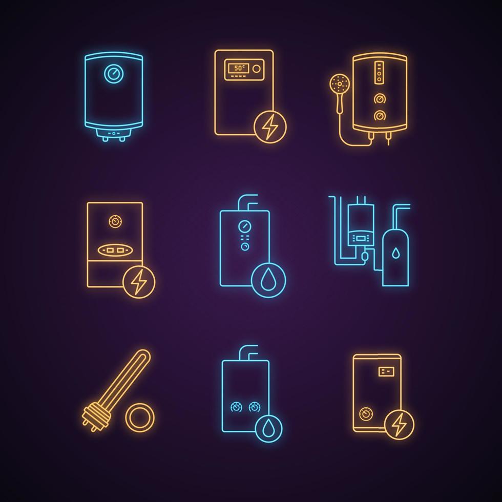 Heating neon light icons set. Boilers, water heaters, boiler room. Gas and electric heaters. Commercial, industrial and domestic central heating systems. Glowing signs. Vector isolated illustrations