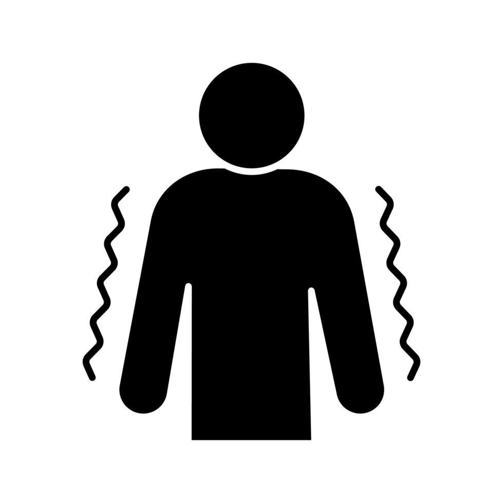 Trembling glyph icon. Silhouette symbol. Anxiety. Shaking body. Worrying and afraid person. Chills. Physiological stress symptoms. Negative space. Vector isolated illustration