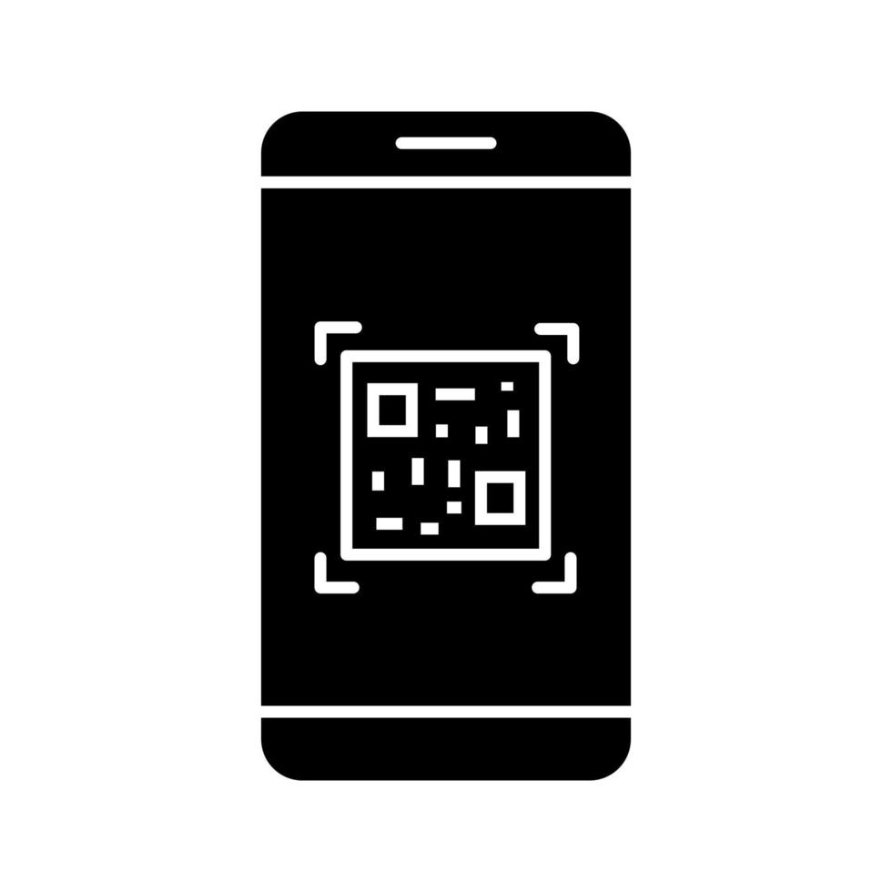 QR code scanning smartphone app glyph icon. Matrix barcode scanner. 2D code mobile phone reader. Silhouette symbol. Negative space. Vector isolated illustration