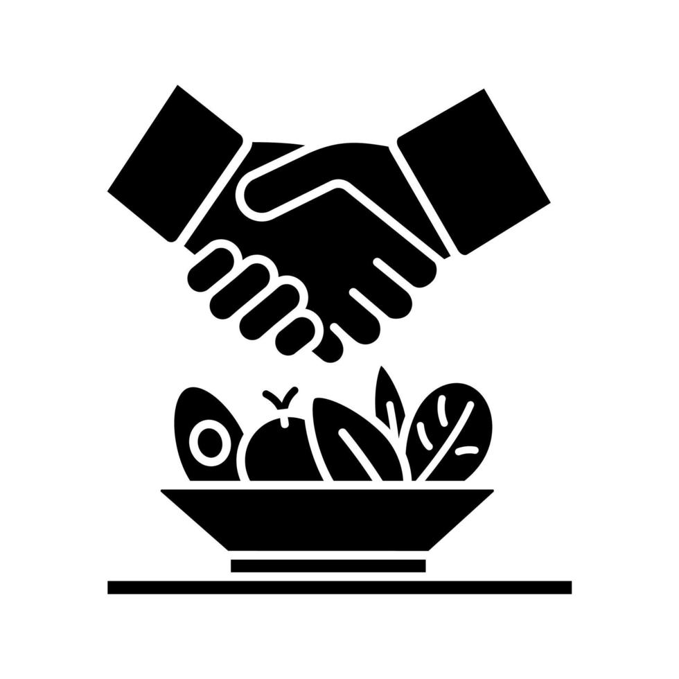icono de glifo de menú de almuerzo de negocios. asociación exitosa, trato comercial. apretón de manos y ensalada. símbolo de la silueta. espacio negativo. ilustración vectorial aislada vector