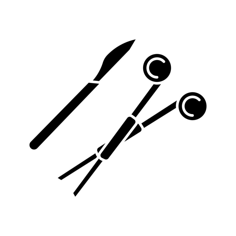 Surgical scalpel and clamp glyph icon. Surgical tools. Surgery instruments. Silhouette symbol. Negative space. Vector isolated illustration