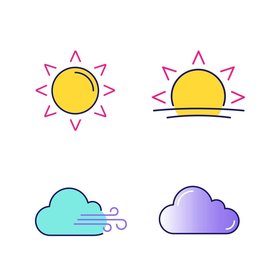 Weather forecast color icons set. Sun, sunrise, sunset, cloudy and windy weather, cloud. Isolated vector illustrations