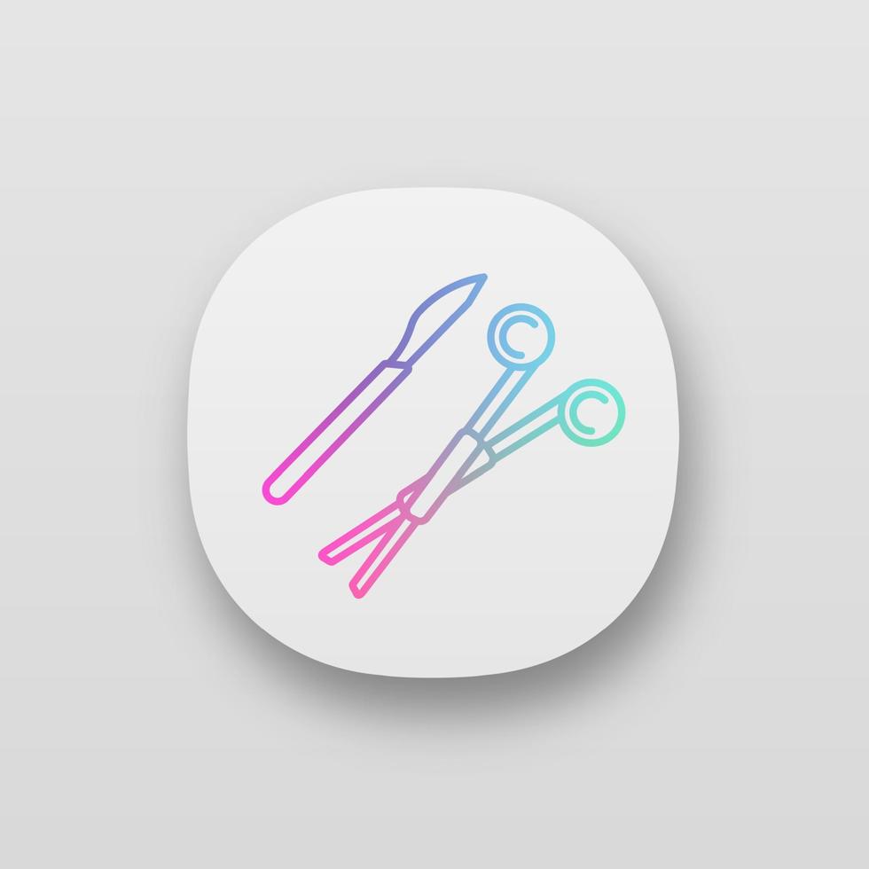 Surgical scalpel and clamp app icon. Surgical tools. Surgery instruments. UI UX user interface. Web or mobile application. Vector isolated illustration