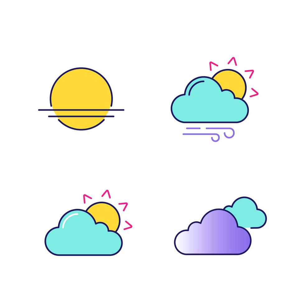 conjunto de iconos de colores de pronóstico del tiempo. amanecer, atardecer, clima parcialmente nublado y ventoso, nubes. ilustraciones de vectores aislados