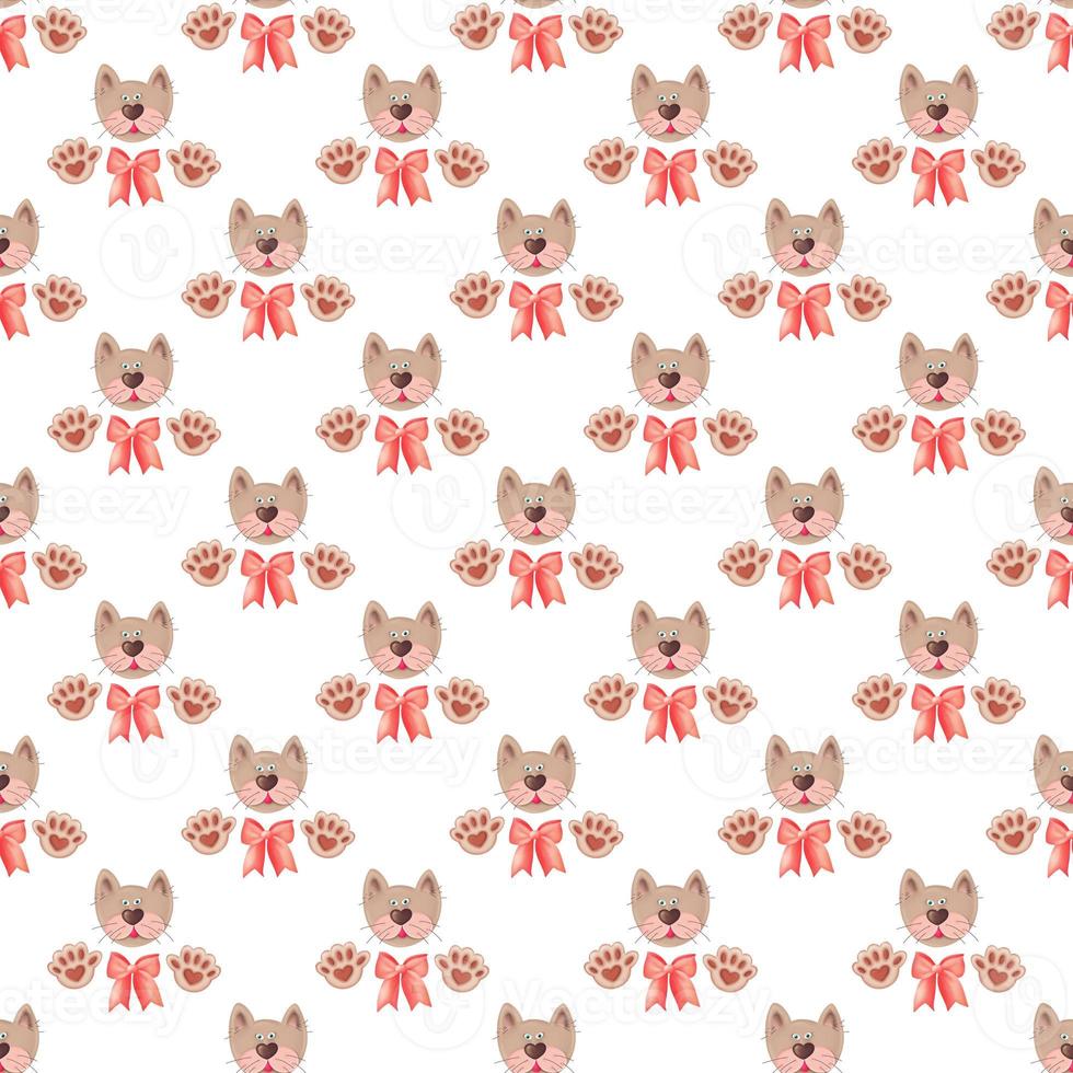 Seamless pattern of cat with paws and bows photo