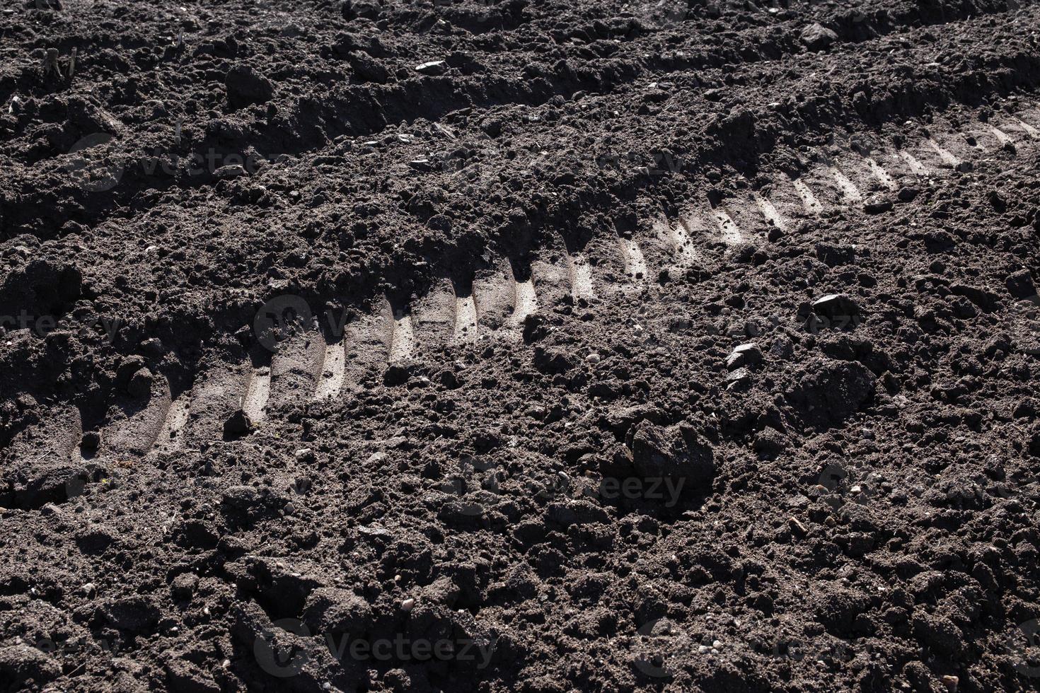 Cultivated plowed soil with rows and tractor footprint. Agricultural background texture photo